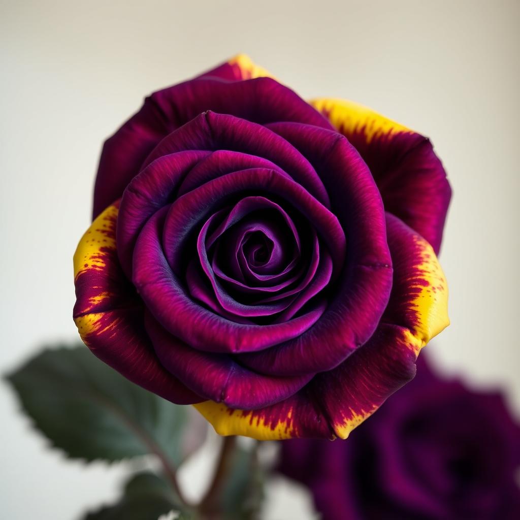 A beautiful dark violet rose with stunning yellow-edged petals, intricately detailed and vibrant in color