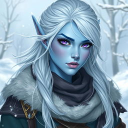 In a captivating Dungeons and Dragons character art style, Maeve stands out as a striking figure with light blue skin and distinct elven features