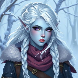In a captivating Dungeons and Dragons character art style, Maeve stands out as a striking figure with light blue skin and distinct elven features