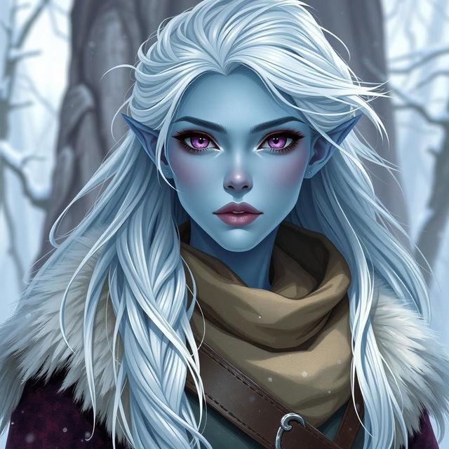 In a captivating Dungeons and Dragons character art style, Maeve stands out as a striking figure with light blue skin and distinct elven features