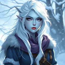 In a captivating Dungeons and Dragons character art style, Maeve stands out as a striking figure with light blue skin and distinct elven features
