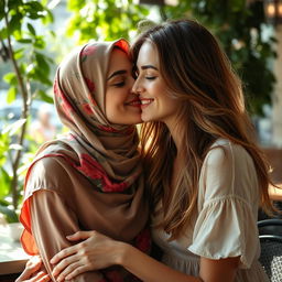 A tender moment between two women, one wearing a colorful hijab and the other with European features, sharing a gentle kiss