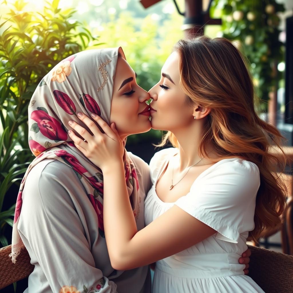 A tender moment between two women, one wearing a colorful hijab and the other with European features, sharing a gentle kiss