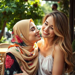 A tender moment between two women, one wearing a colorful hijab and the other with European features, sharing a gentle kiss