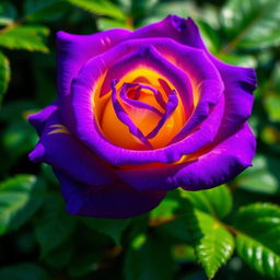 A stunning, vibrant violet rose with brilliant yellow highlights, showcasing intricate petals that reflect light beautifully