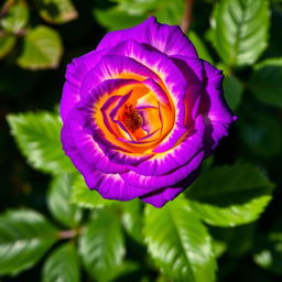 A stunning, vibrant violet rose with brilliant yellow highlights, showcasing intricate petals that reflect light beautifully