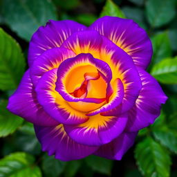 A stunning, vibrant violet rose with brilliant yellow highlights, showcasing intricate petals that reflect light beautifully