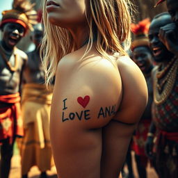 A striking close-up of the sexy naked buttocks of a scared blonde woman, featuring a bold tattoo that reads 'I LOVE ANAL' on her skin