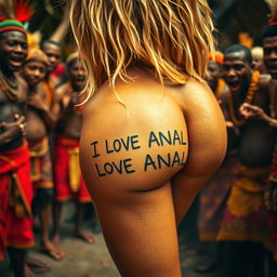 A striking close-up of the sexy naked buttocks of a scared blonde woman, featuring a bold tattoo that reads 'I LOVE ANAL' on her skin
