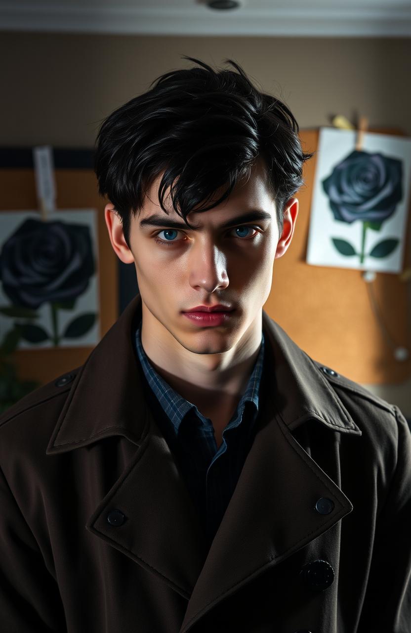 A young handsome detective with dark black hair and striking sapphire blue eyes, standing in a detective's office
