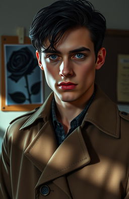 A young handsome detective with dark black hair and striking sapphire blue eyes, standing in a detective's office