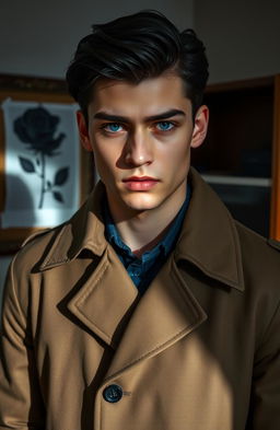 A young handsome detective with dark black hair and striking sapphire blue eyes, standing in a detective's office