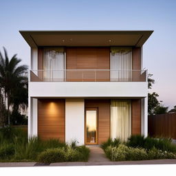 A simple two-story house with four windows on the front elevation. The architectural design should be neat and appealing.