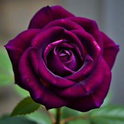A beautiful dark violet rose with bright glossy petals, featuring stunning yellow highlights that enhance its elegant appearance