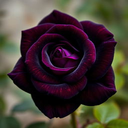 A beautiful dark violet rose with bright glossy petals, featuring stunning yellow highlights that enhance its elegant appearance