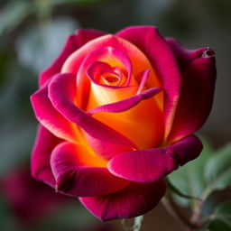 A beautiful dark violet rose with bright glossy petals, featuring stunning yellow highlights that enhance its elegant appearance