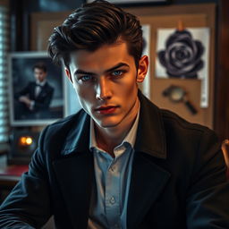 A young handsome detective with dark black hair and captivating sapphire blue eyes, positioned in a detective's office