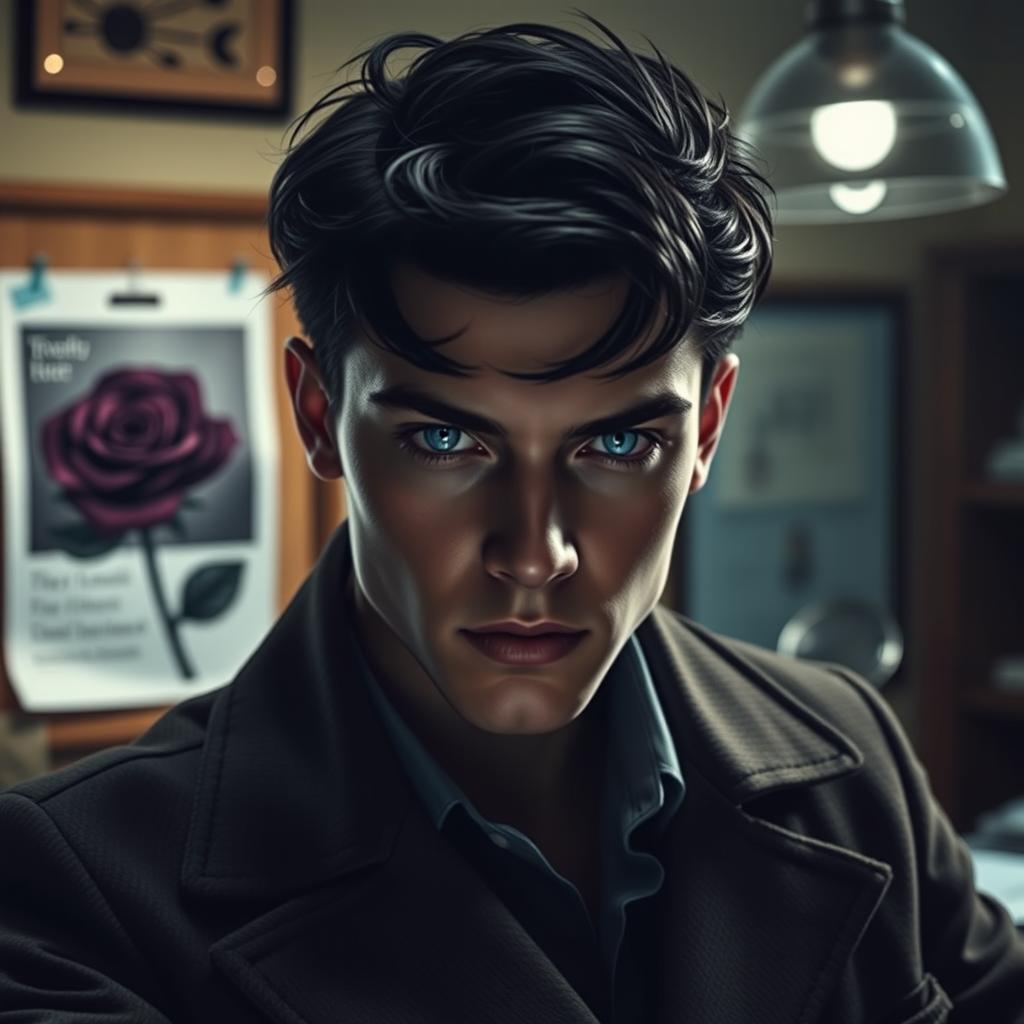 A young handsome detective with dark black hair and captivating sapphire blue eyes, positioned in a detective's office