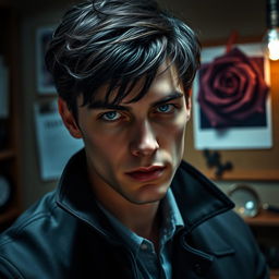 A young handsome detective with dark black hair and captivating sapphire blue eyes, positioned in a detective's office