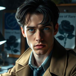 A young handsome detective with dark black hair and captivating sapphire blue eyes, positioned in a detective's office