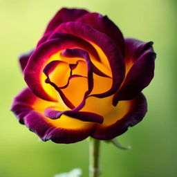 A stunning dark violet rose with vibrant yellow undertones, showcasing intricate petals that glisten in the light