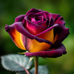 A stunning dark violet rose with vibrant yellow undertones, showcasing intricate petals that glisten in the light