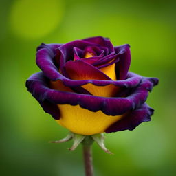 A stunning dark violet rose with vibrant yellow undertones, showcasing intricate petals that glisten in the light