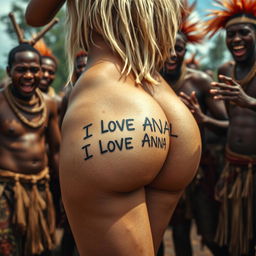 A striking close-up of the sexy naked buttocks of a scared blonde woman, featuring a tattoo that prominently reads 'I LOVE ANAL' on her skin