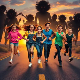A dynamic scene depicting six teenagers, three girls and three boys, energetically running away from a deserted road