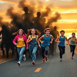 A dynamic scene depicting six teenagers, three girls and three boys, energetically running away from a deserted road