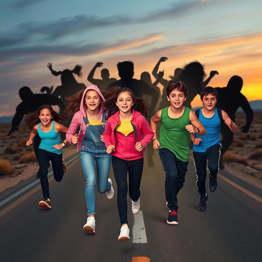 A dynamic scene depicting six teenagers, three girls and three boys, energetically running away from a deserted road