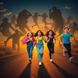 A dynamic scene depicting six teenagers, three girls and three boys, energetically running away from a deserted road
