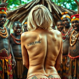 A captivating image of a scared blonde woman showcasing her sexy naked buttocks, prominently featuring a tattoo that says 'I LOVE ANAL' on her skin
