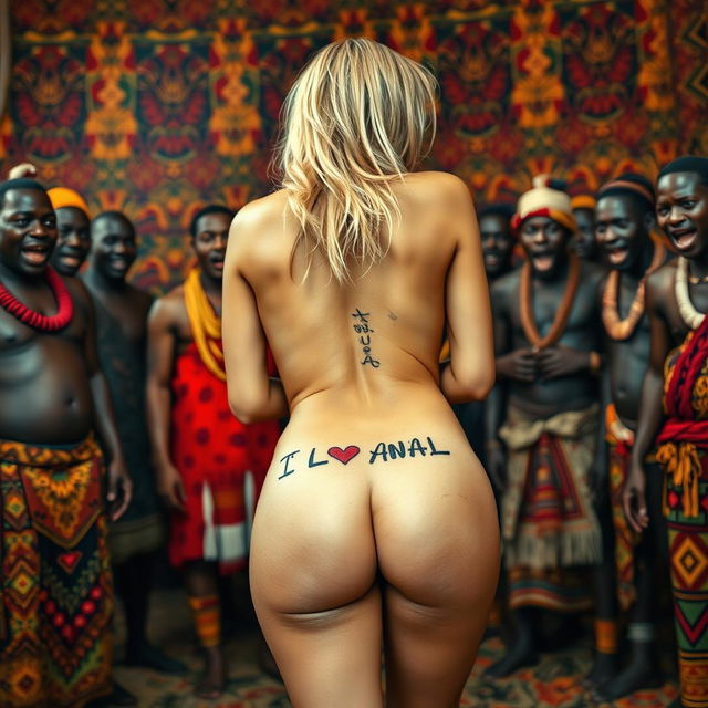 A captivating scene featuring a scared blonde woman displaying her sexy naked buttocks, prominently featuring a tattoo that says 'I LOVE ANAL