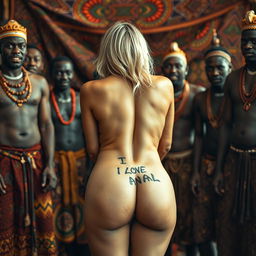 A captivating scene featuring a scared blonde woman displaying her sexy naked buttocks, prominently featuring a tattoo that says 'I LOVE ANAL