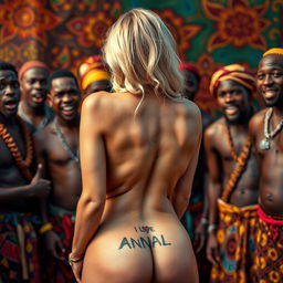 A captivating scene featuring a scared blonde woman displaying her sexy naked buttocks, prominently featuring a tattoo that says 'I LOVE ANAL