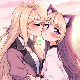 A beautifully illustrated scene capturing a confident blonde girl with striking purple eyes, wearing a stylish outfit that accentuates her bold personality