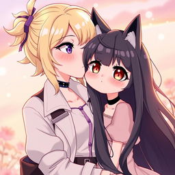 A beautifully illustrated scene capturing a confident blonde girl with striking purple eyes, wearing a stylish outfit that accentuates her bold personality