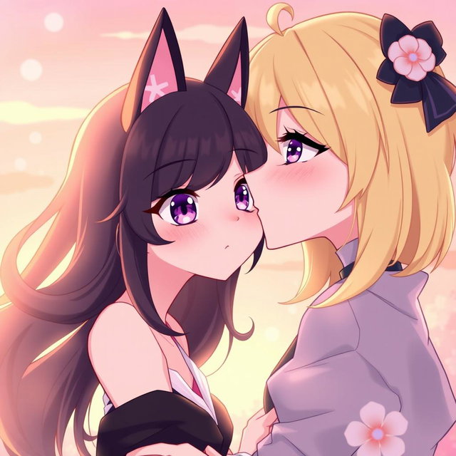 A beautifully illustrated scene capturing a confident blonde girl with striking purple eyes, wearing a stylish outfit that accentuates her bold personality