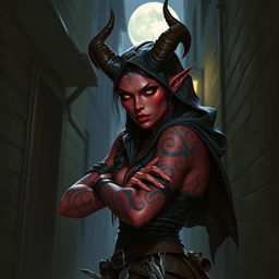 A female tiefling rogue in a dark, mysterious urban alleyway