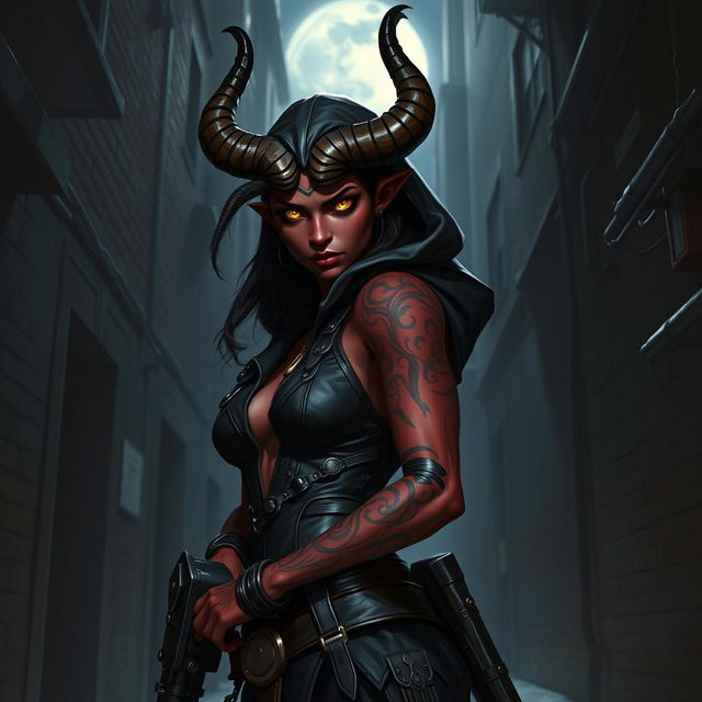 A female tiefling rogue in a dark, mysterious urban alleyway