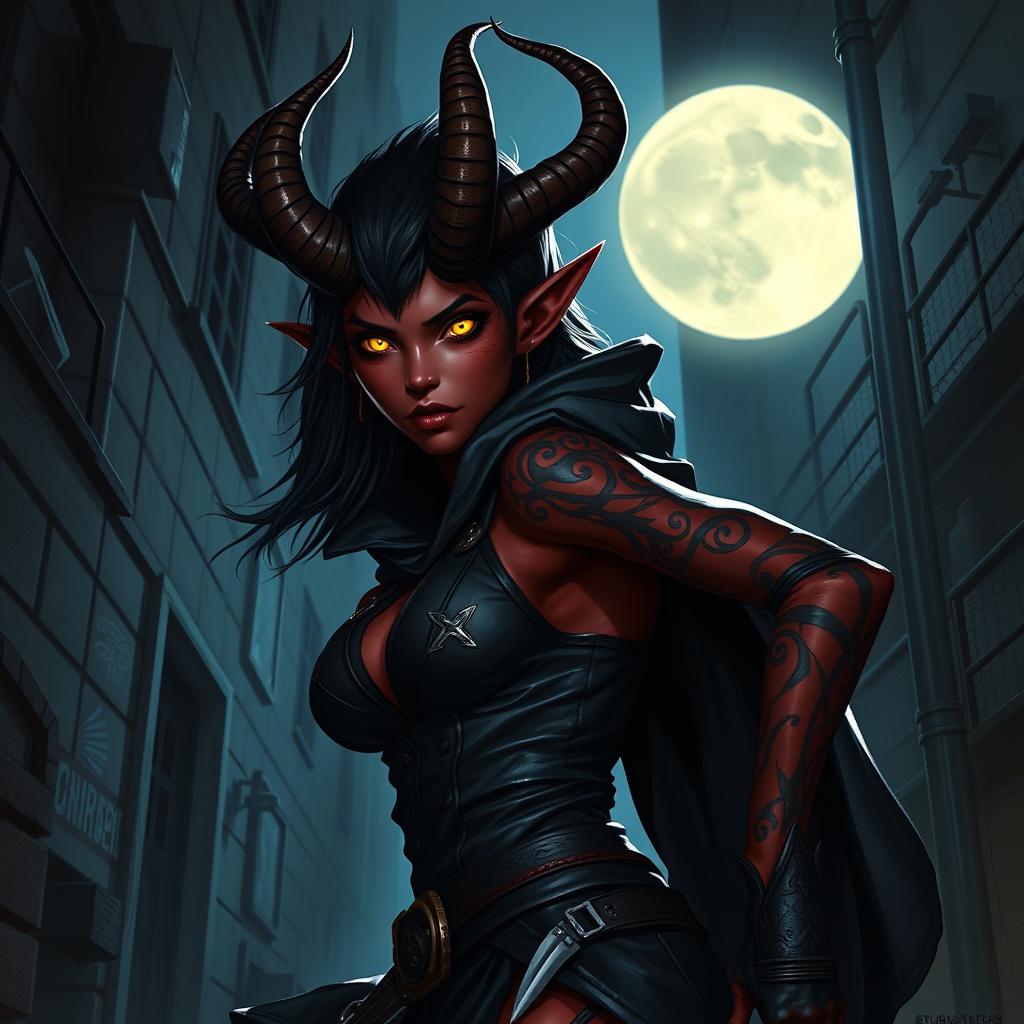 A female tiefling rogue in a dark, mysterious urban alleyway