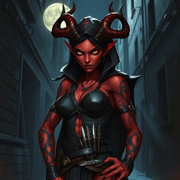 A female tiefling rogue in a dark, mysterious urban alleyway