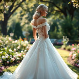 A beautiful and elegant thick blonde wedding dress, designed with intricate lace and beadwork