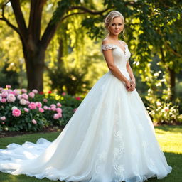 A beautiful and elegant thick blonde wedding dress, designed with intricate lace and beadwork