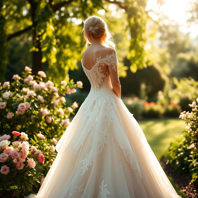 A beautiful and elegant thick blonde wedding dress, designed with intricate lace and beadwork