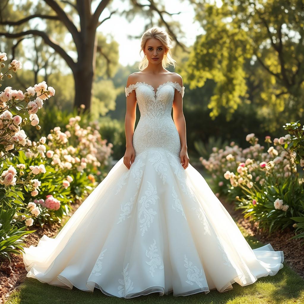 A beautiful and elegant thick blonde wedding dress, designed with intricate lace and beadwork