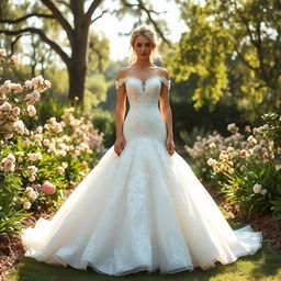 A beautiful and elegant thick blonde wedding dress, designed with intricate lace and beadwork