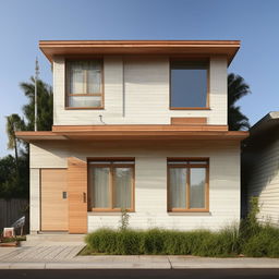 A simple two-story house with four windows on the front elevation. The architectural design should be neat and appealing.