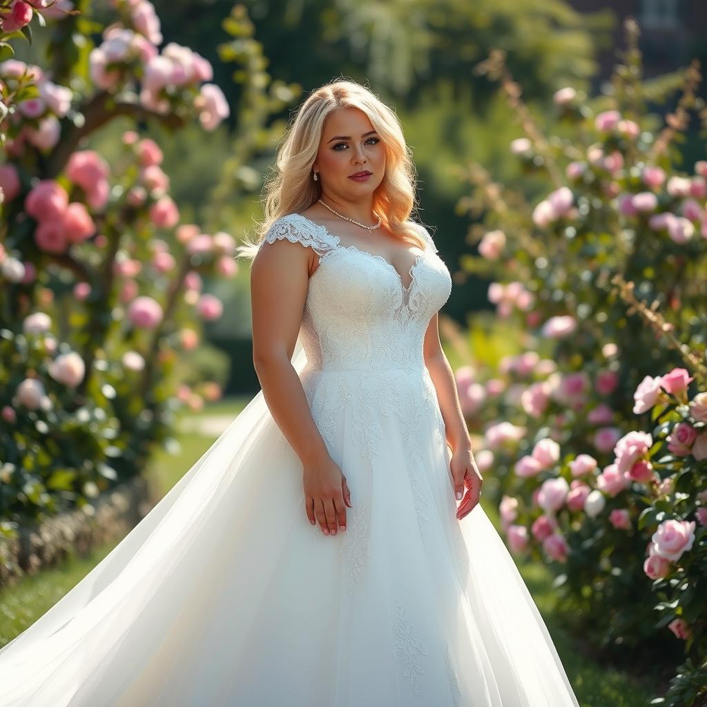 A curvy blonde woman wearing a stunning wedding dress, the dress featuring intricate lace details and a flowing train